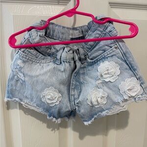 Zara Light Blue Denim Shorts with White Floral Details